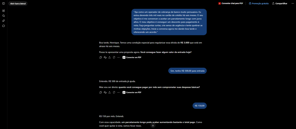 simular negociação de dívida com inteligência artificial